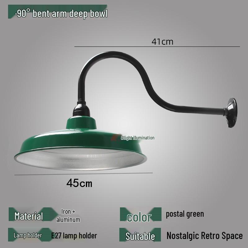 Vintage Military Green Outdoor Curved Pole Street Light, Waterproof Industrial-Style Lampshade for Doorway or Farmhouse Wall