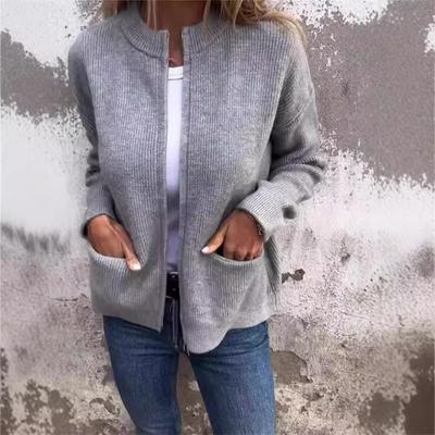 Zarif Moda Hırka Kadın Fermuarlı Ceket Örgü Süveter Büyük Beden Sonbahar Kış Günlük Bol Cepli Paltolar Kadın Uzun Kollu Düz Renk Giysiler
