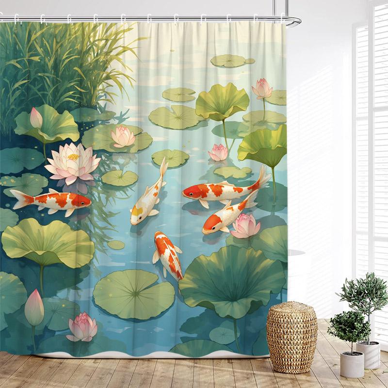 Havsvågor Bläckfisk Duschdraperier Sol Röd Floral Paviljong Japansk Stil Landskap Polyestertyg Hem Badrum Draperi Dekor