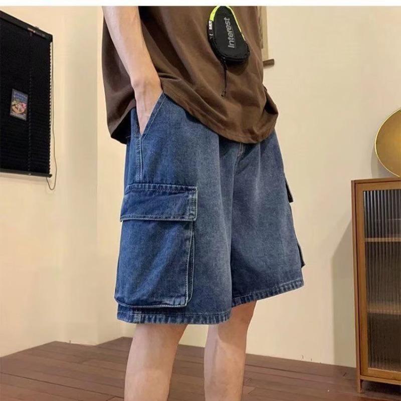Men Baggy Fit Denim Shorts Hip Hop Jeans Roll Up Cargo Pocket Loose Plus Size