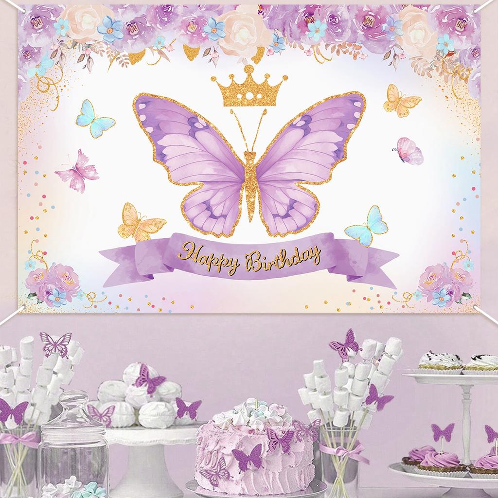 Butterfly Backdrop Butterfly Happy Birthday Party Decor Kids Girls Birthday Party Supplies Baby Shower Photography Background