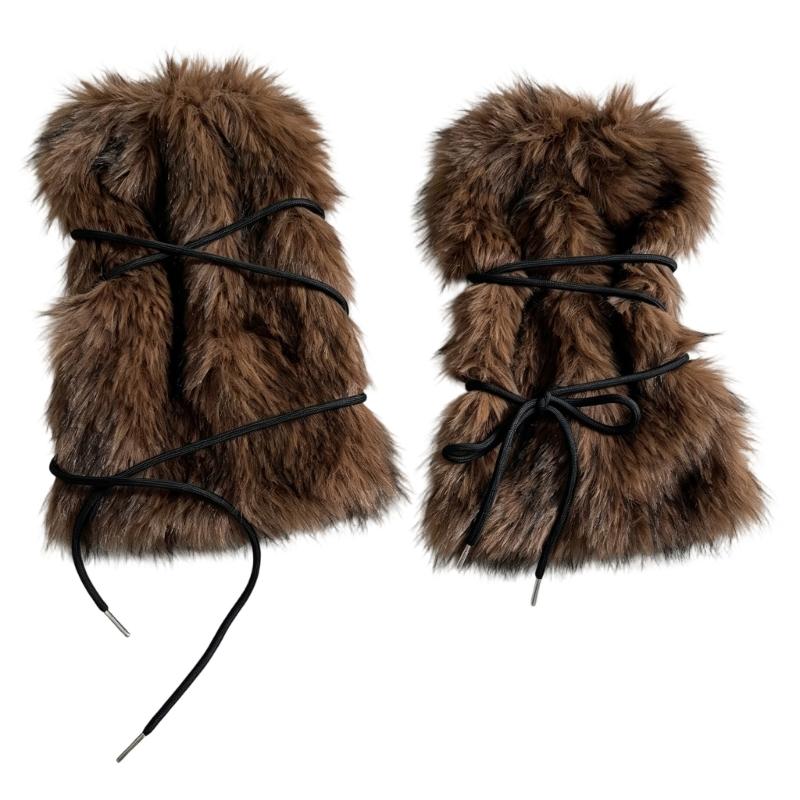 Women's Winter Faux Furs Leg Warmers with Adjustable Crisscross Ties for Textured Cold-Weather Layering and Boot-Top Looks