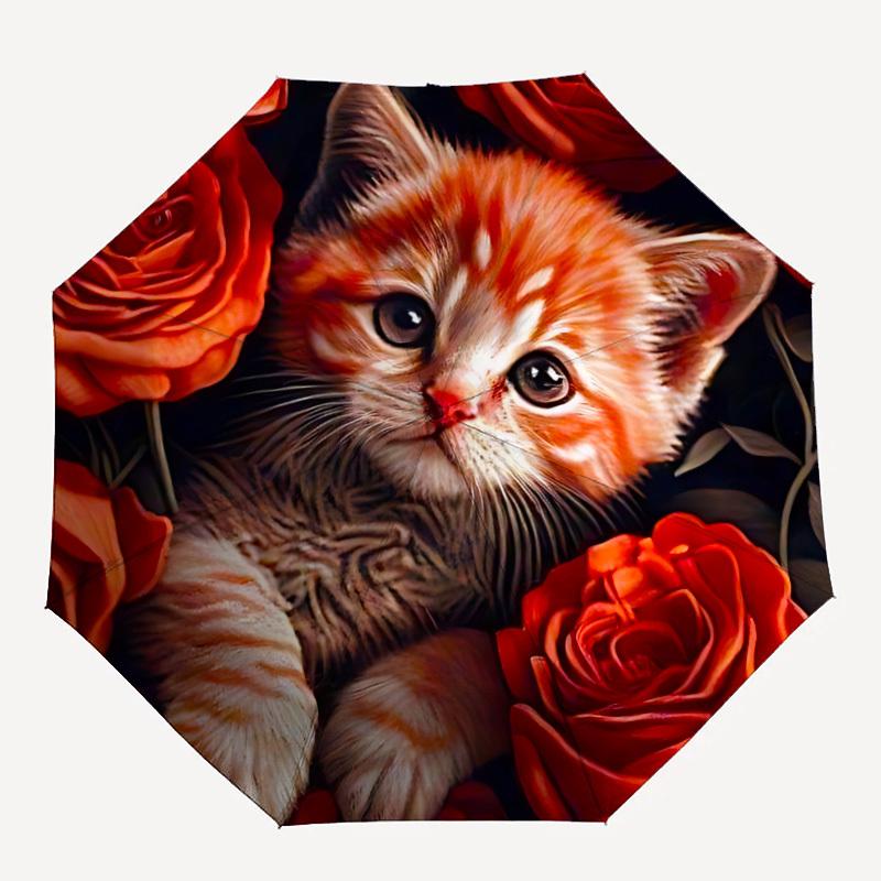 

1pc Cat Roses Automatic Open/Close Umbrella with Windproof, 8-Rib Sturdy Canopy, , Outdoor Accessory, Ideal for Gifts yy251117090