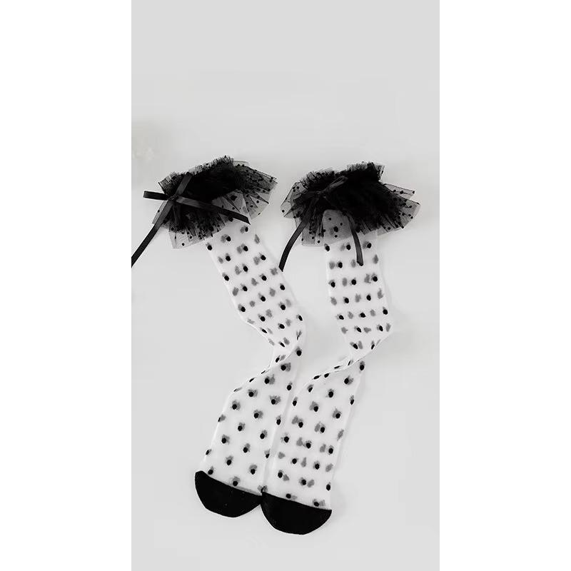 

Lolita Princess Cald Socks for Girls Summer Lightweight Lace Trim Cotton Kids Girl Sock Black White Polka Dot Baby Long Socks