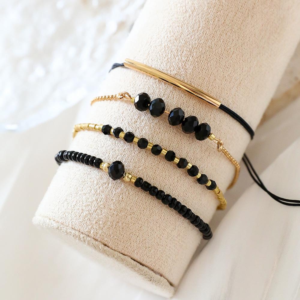 4Pcs Fashion Black Glass Stone Bracelets Set For Women Boho Handmade Beads Chain Bangle Female Boho Jewelry Accessories