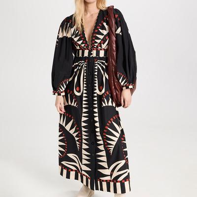 Women Summer Classic Printed Dress Fashion Casual Elegant Dress Elegant High Waist Long Sleeve V-Neck Long Skirt Vacation Dress