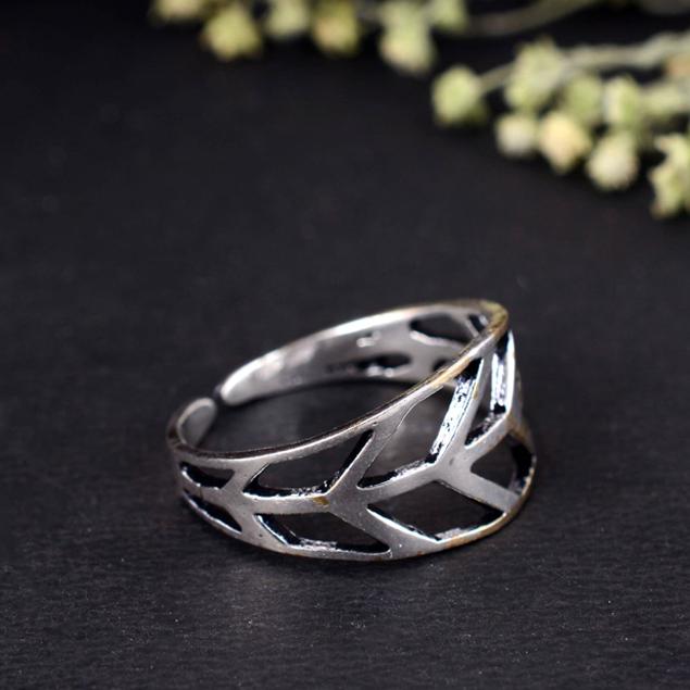 Silver Cutout Leaf Ring | Adjustable Wide Band Botanical Jewelry | Oxidized Boho Nature Inspired Statement Ring | Handmade Gift for Her