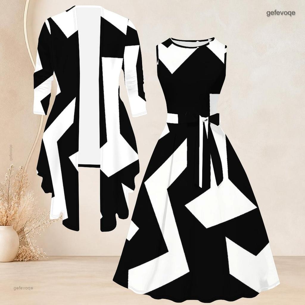 Women Plus Size Two Piece Set Long Sleeve Open Cardigan Sleeveless Round Neck Tie Waist Geometric Printed Black White Dress