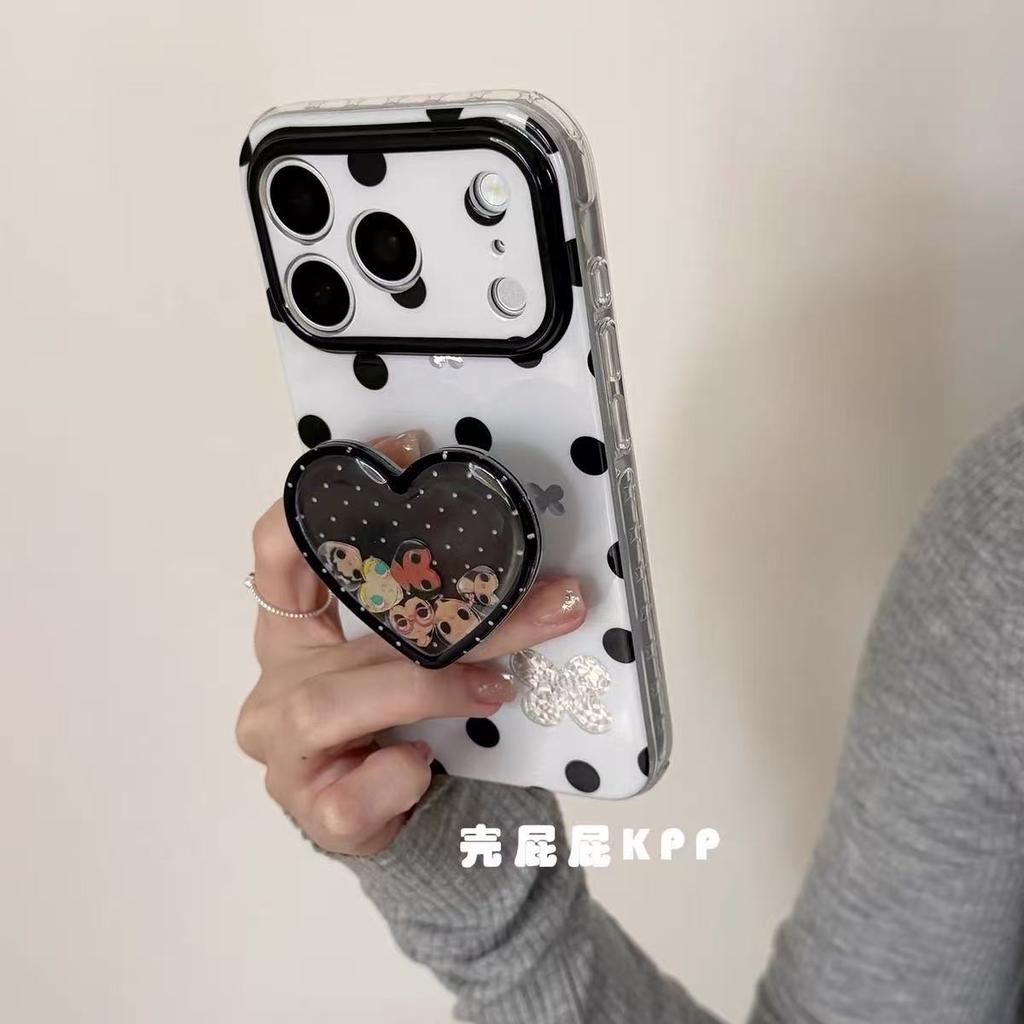 Black and white polka dots cute cartoon bracket ins15 for iPhone17promax Apple 16 Pro mobile phone case 15