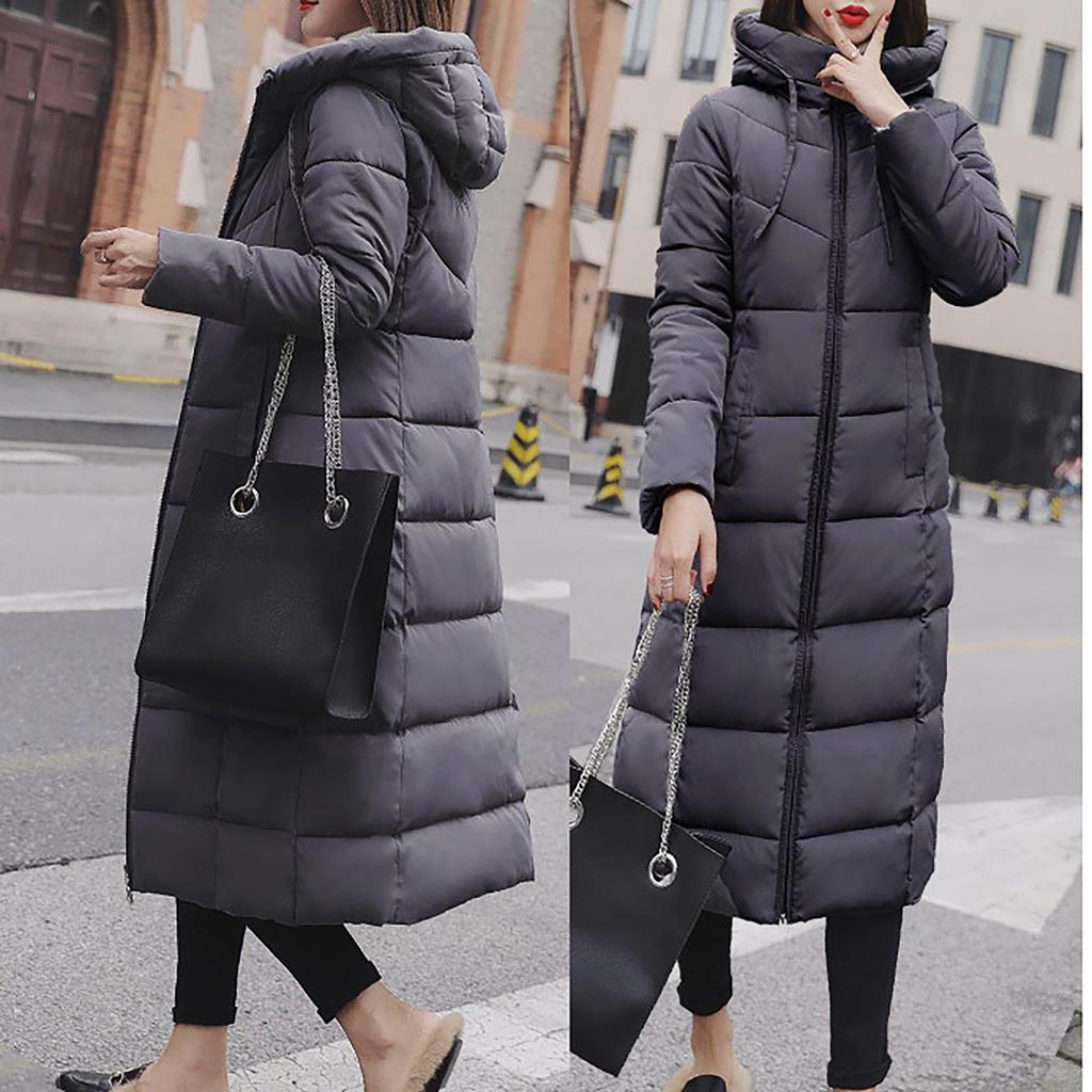 Womens Ladies Warm Plus Size Solid Color Hooded Single Breasted Medium Length Cotton Jacket Waistcoat Slim Cardigan Coat