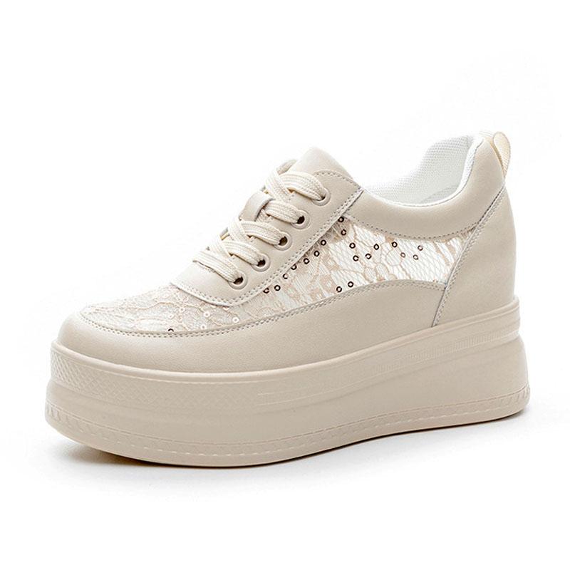 Zapatillas de Plataforma de Moda Primavera Verano para Mujer Zapatos de Malla Marca Zapatillas para Mujer que Aumentan la Altura 9cm Transpirables Cómodas Zapatos Casuales Negro Beige