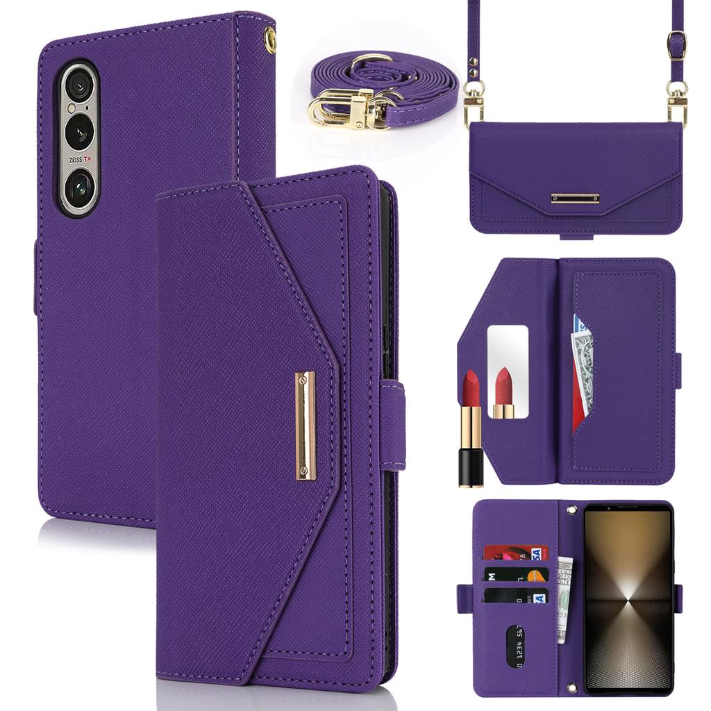 For Sony Xperia 1 VI Stand Case Cross Texture PU Leather Wallet Phone Cover with Shoulder Strap/Makeup Mirror
