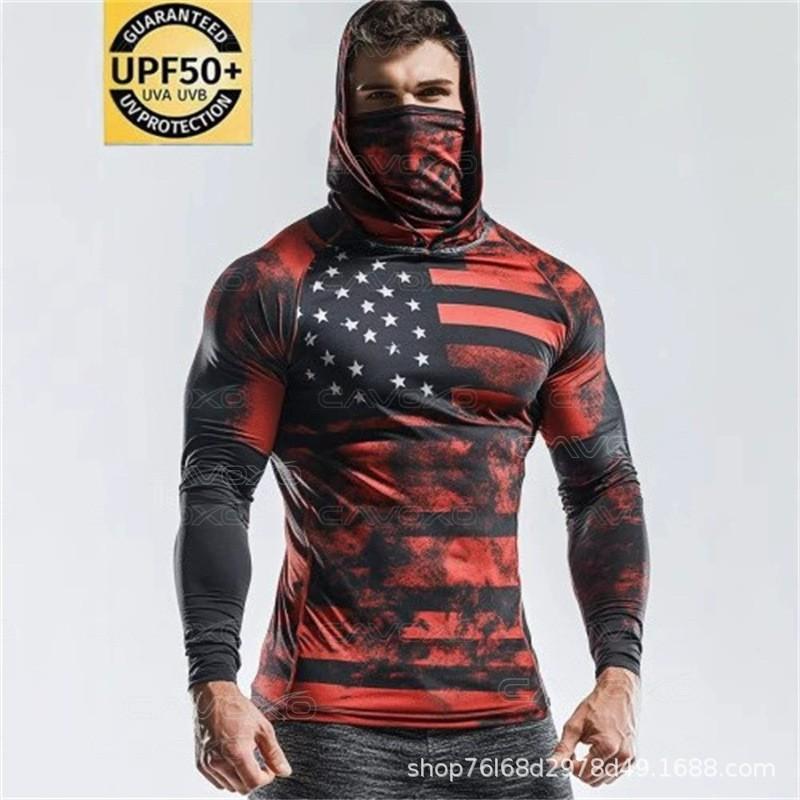Mens Quick-Dry Hooded Rash Guard With Face Cover Print UV Protection Surfing Shirt Beach Fishing Outdoor Activities