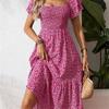 Women's Square Collar Waist Printed Bubble Sleeve Dress S-XXXL