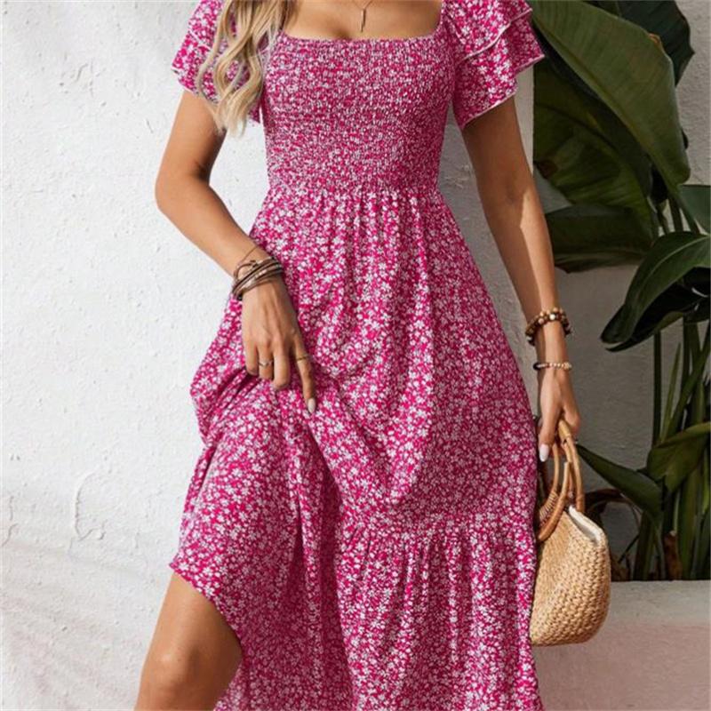 Women's Square Collar Waist Printed Bubble Sleeve Dress S-XXXL
