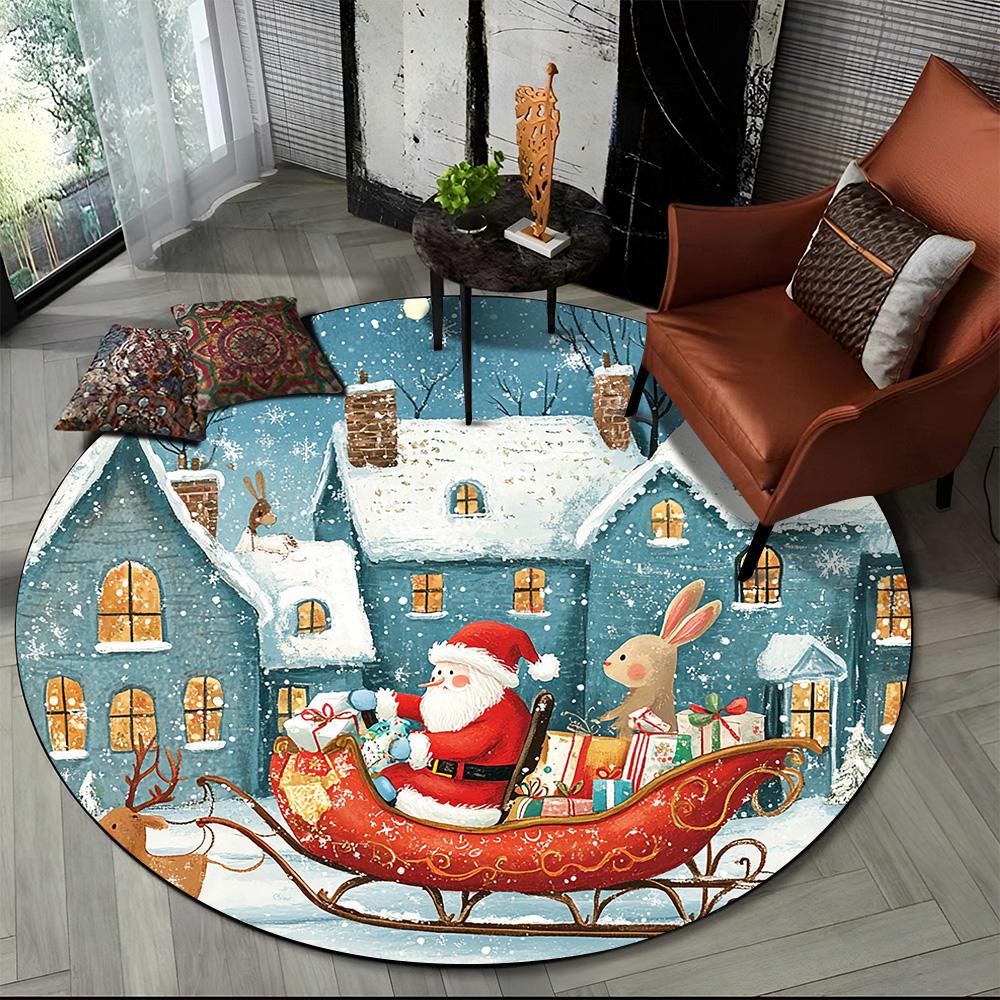 Merry Christmas Cartoon Santa Claus Snowman New Year Round Carpet Rug for Bedroom Living Room Sofa Decoration,Decor Floor Mat