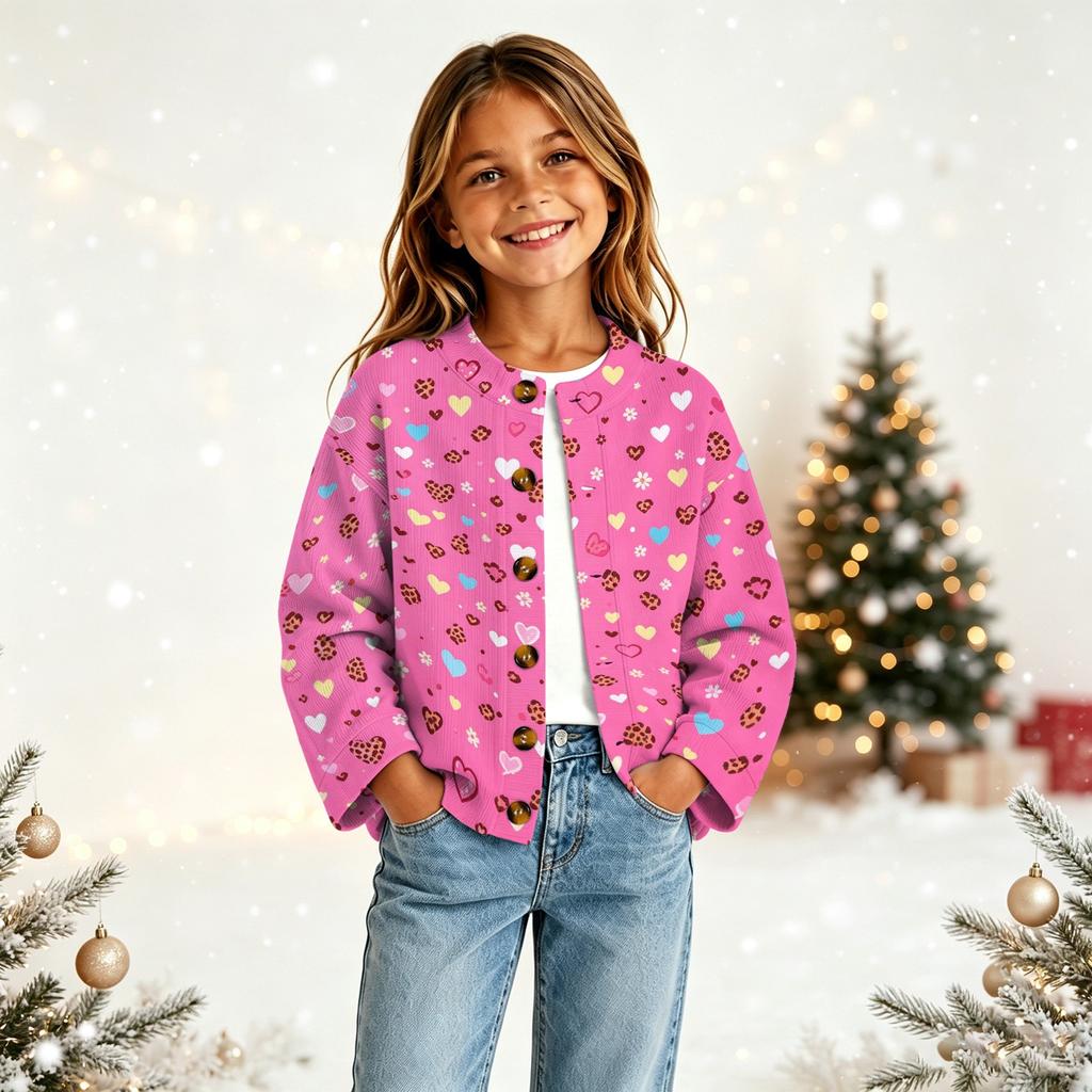 Stylischer Knopfleisten-Strickjacke für Mädchen mit süßem Aufdruck für Freizeit und Alltag