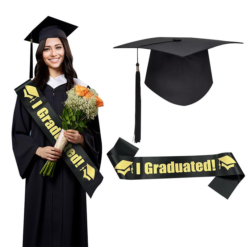 1/2/3Pc Class Of 2026 Black Golden Satin Sash Bachelor Cap With Tassel Graduation Shoulder Strap Congrats Grad Party Photo Props