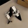 2024 Summer New Korean Version Bow Bag Head High Heel Half Drag Thin Heel Cool Slippers Foreign Trade Women's Shoes Silver Microfiber