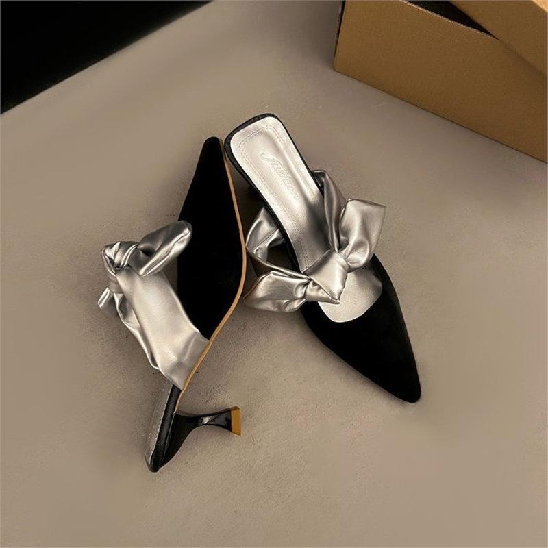 2024 Summer New Korean Version Bow Bag Head High Heel Half Drag Thin Heel Cool Slippers Foreign Trade Women's Shoes Silver Microfiber