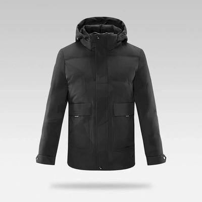 Brand Tag Men's Black Winter Down Jacket with Detachable Hood and White Duck Down Filling