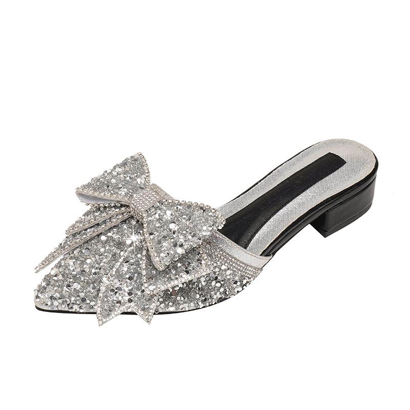 Fashion Summer New Shoes for Women Pointed Toe Slipper Glitter Bowknot Outdoor Casual Sandals Girl Heels Mules Shoes Zapatos De Mujer