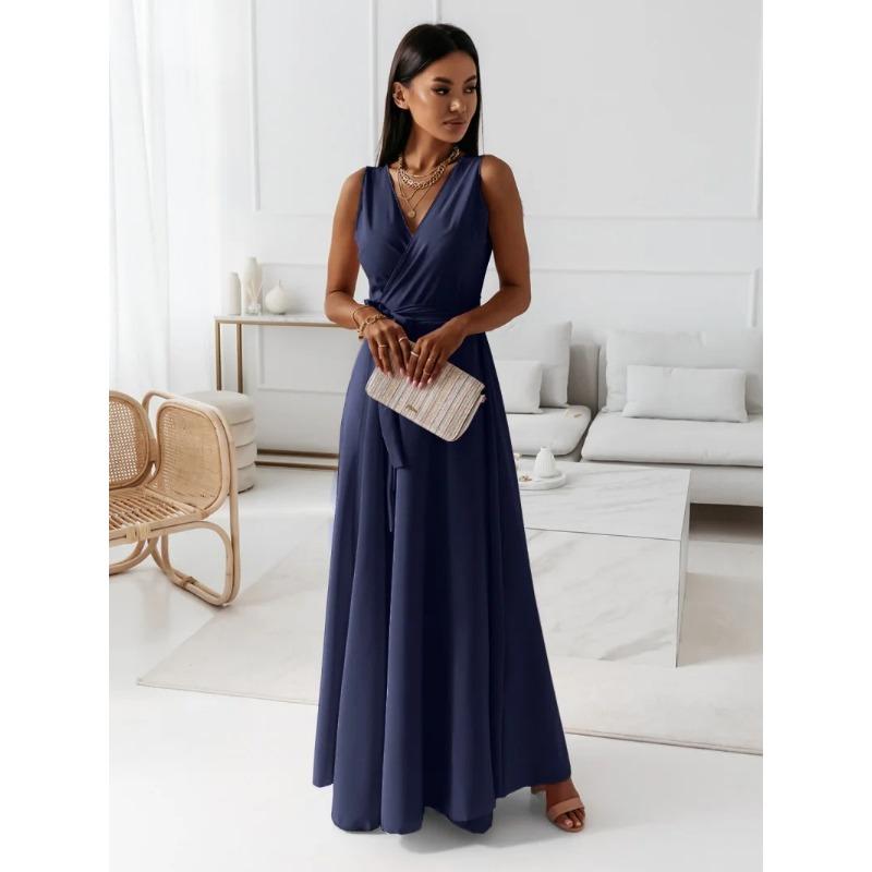 Women's Fashion Summer Spring Solid Color Print Sleeveless V-Neck High Waist Casual Dresses