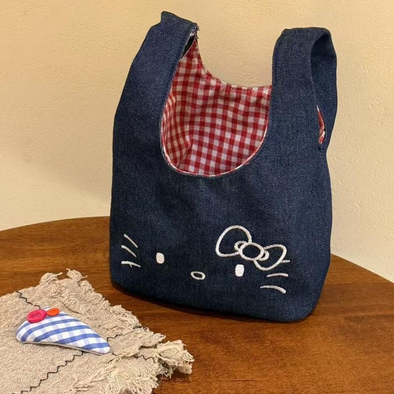 

New Cute Cats Denim Embroidered Handbag Mini Women s handbag shoulder bag Portable Lunch Bag Color Blocking Small Outing Handbag