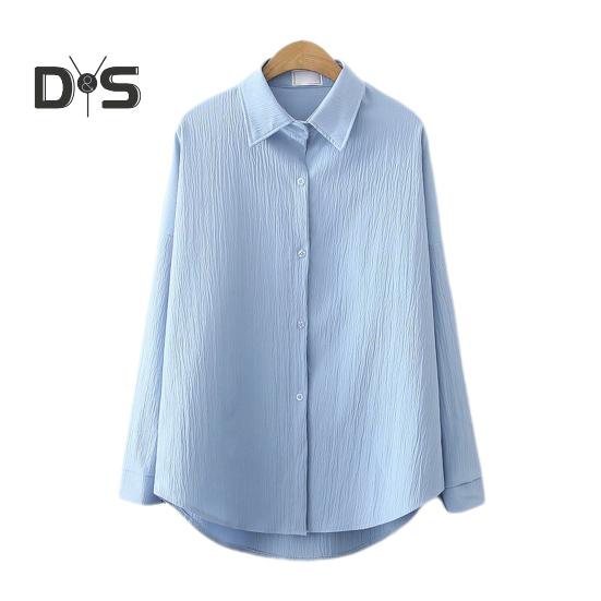 

Женская рубашка с длинным рукавом, однотонная блузка с пуговицами на лацканах, дышащая повседневная рубашка свободного кроя для работы, повседневной жизни, путешествий M синий