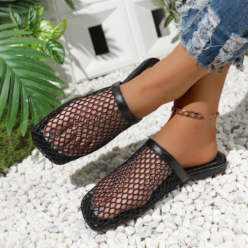 2025 summer new fish net woven hollowed out Roman sandals women's flat round head baotou slippers outdoor beach sandals