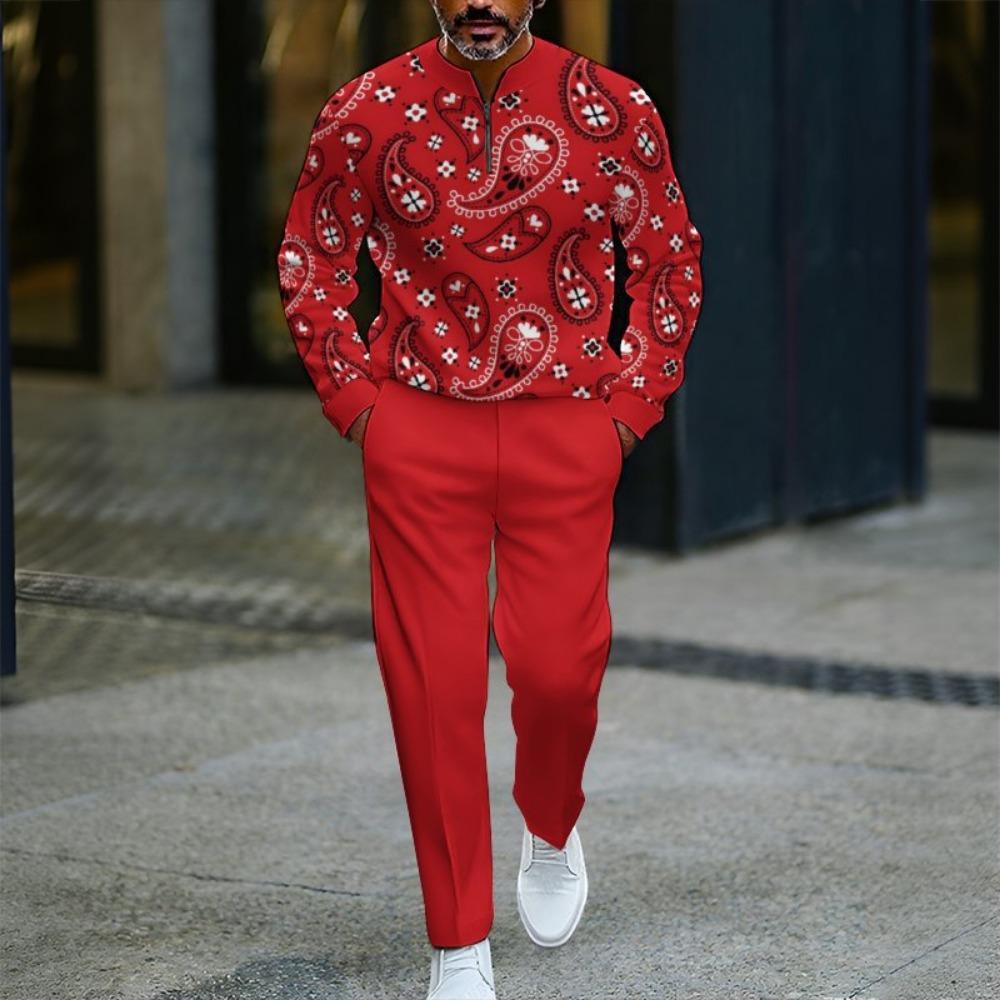 Spring Autumn 3D Printed Fashion Men's Long-Sleeved Sets Half-Zipper Stand-Up Collar Men's Casual Sportswear Two-Piece Set