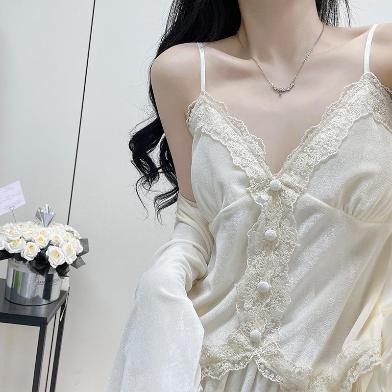 Golden velvet pure lace lace pajamas women's autumn and winter thick nightgown suspender trousers three-piece set loungewear