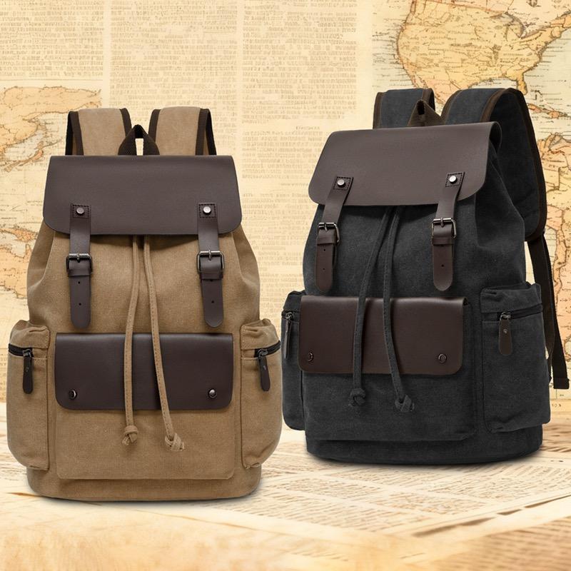 Men's Canvas Backpack Laptop Bag College Student Commuter Travel Drawstring Backpack Flip Cover School Bag Retro Backpack Men