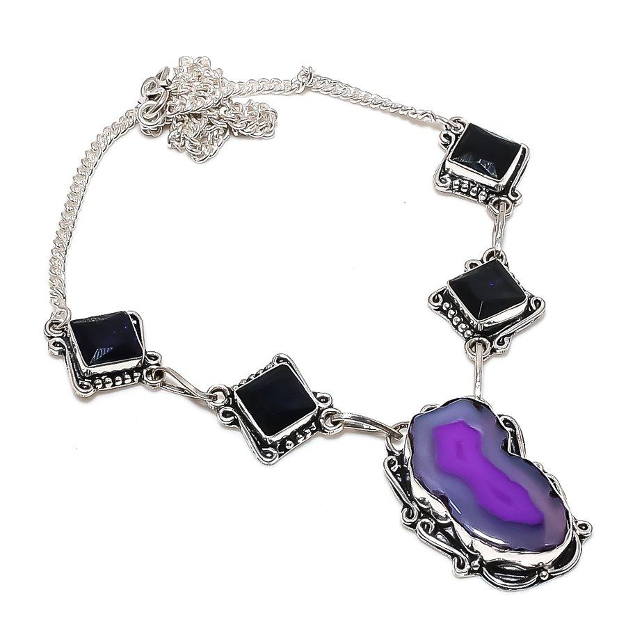 Natural Purple Druzy Slice, Quartz 925 Sterling Silver Jewelry Necklace 18" u8O69