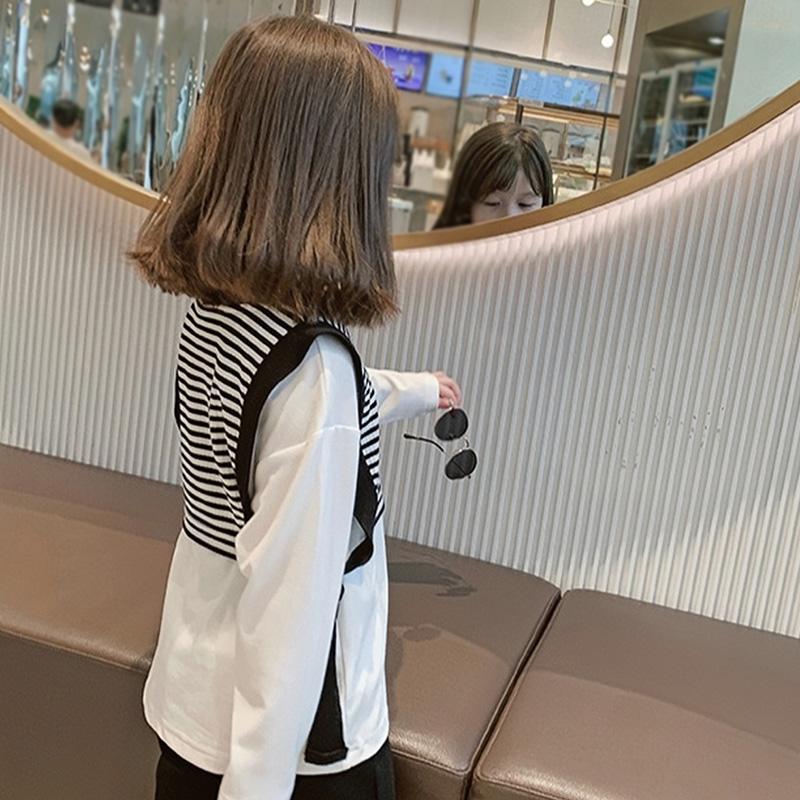 Girls Long Sleeves T-shirt Casual Top Tee Knitted Stripe Stitching Top