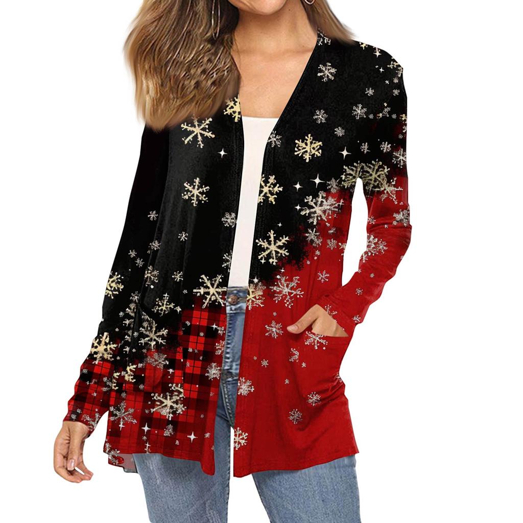 Women's Fashion Christmas Print Long-Sleeved Pocketed Slim-Fit Cardigan Coat