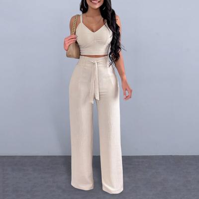 Two Pieces Outfit for Women V-Neck Sleeveless Strappy Crop Top Wide Leg Pants Set Casual Summer Lounge Wear for Beach