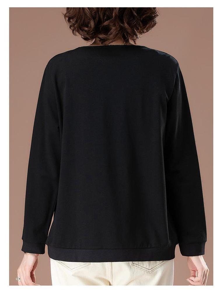 Damen Langarm T-Shirt aus reiner Baumwolle in Übergröße für Frühling & Herbst - Schlankmachend, modisch, lockere Passform für Mütter mittleren Alters