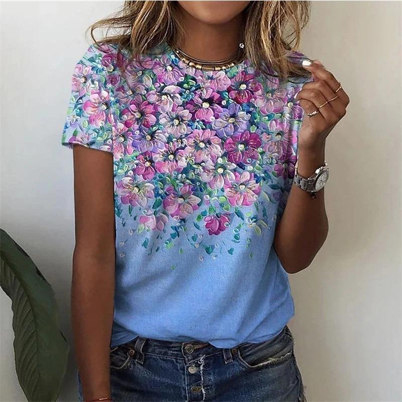 Fashion 3d Printed Floral T-shirt Women's Summer Round Neck Short-sleeved T-shirt Girls Casual Harajuku Daily Short-sleeved Top