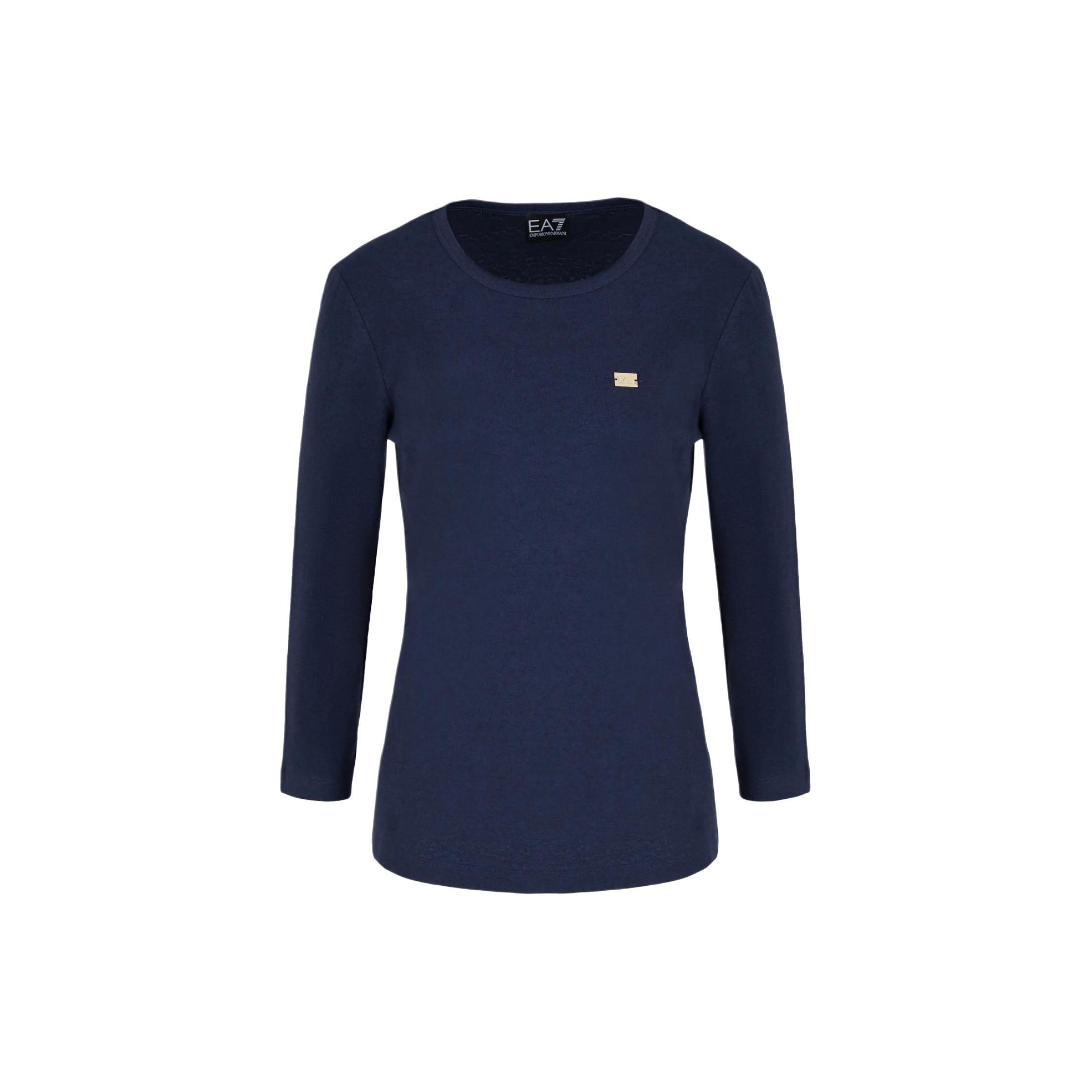 Emporio Armani EA7 SS24 Solid Logo Patch Crew Neck Long Sleeve T-Shirt Women tops Navy-Blue 3DTT10-TJTQZ-1555 XL