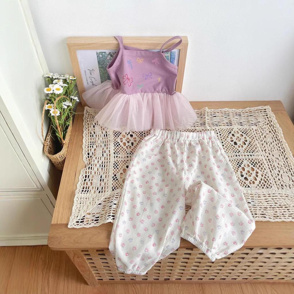 Now B. Happy Summer Girls' Gauze Top & Wide-Leg Pants Set - Stylish, Versatile, and Casual.