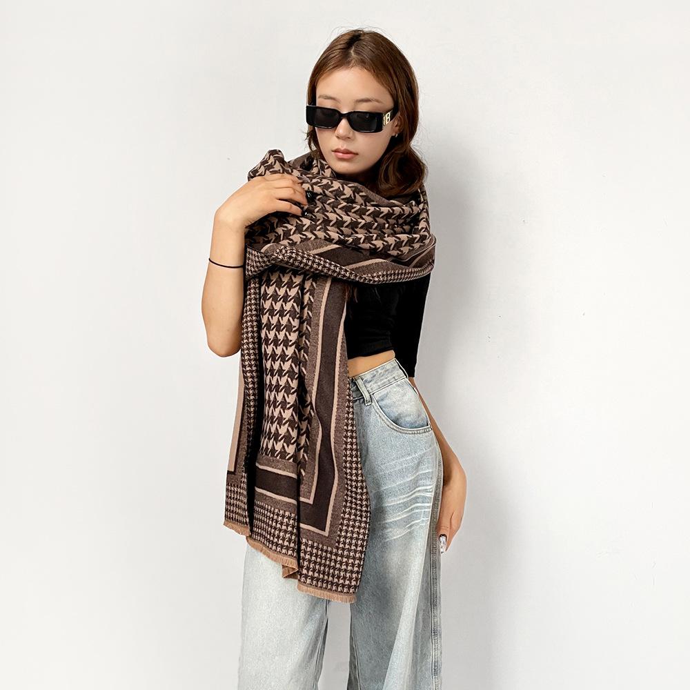 Autumn and winter warm scarf women's imitation cashmere double-sided thousand bird grid temperament versatile scarf long enlarged shawl