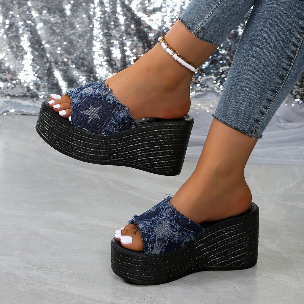 Large Size Super High Heel Slippers Denim Blue Slope Heel One-Word Slippers Wedge SlipperS