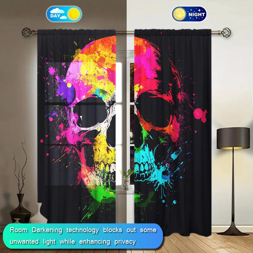 2pcs Colorful Painted Skull Printed Curtain for Home Decor - Rod Pocket Window Treatment for Bedroom   Office and  Kitchen