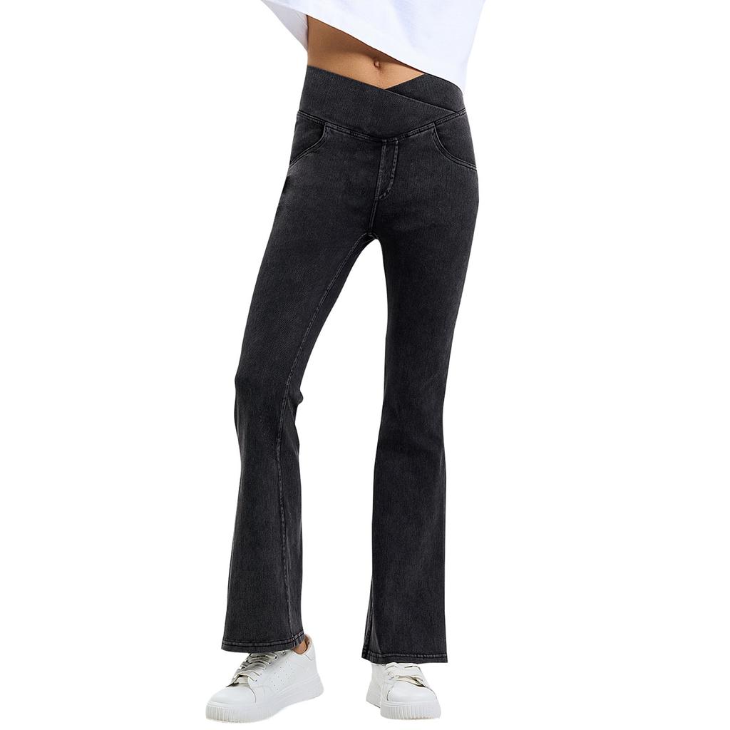 Women's Faux Denim Sports Yoga Pants High Waisted Tummy Tucking Hip Lifting Outfit Fitness Casual Pants