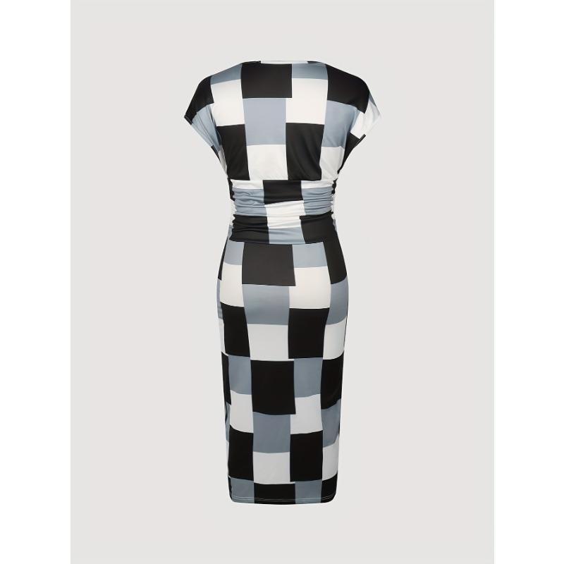 Patchwork Print V Neck Dress, Elegant Short Sleeve Dress For Spring & Summer, Women's Clothing