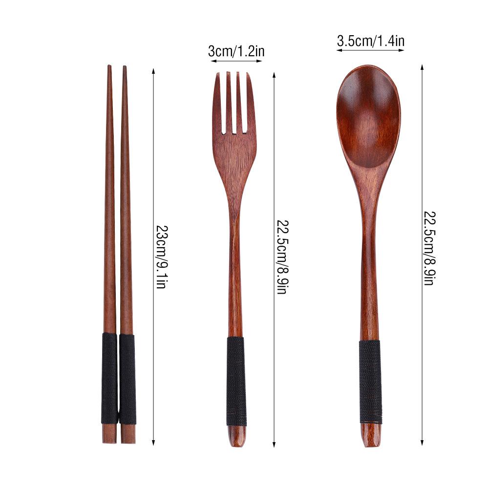 Wooden Chopsticks Spoon Fork Tableware Dinnerware 3pcs Set (with black thread)