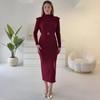 2026 Women's Long Sleeve Bodycon Belted Slit Dress - Elegant European & American Style for Commute