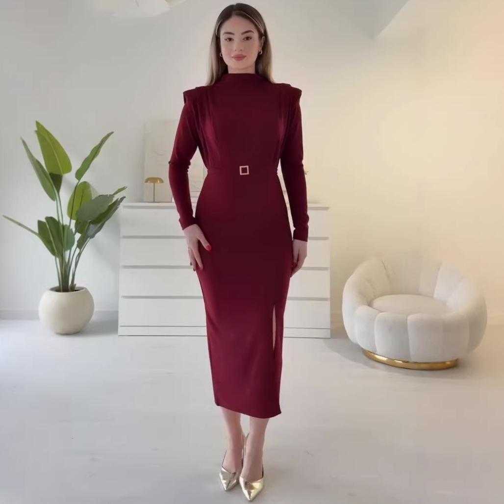 

2026 Women s Long Sleeve Bodycon Belted Slit Dress - Elegant European & American Style for Commute S вина червоного кольору