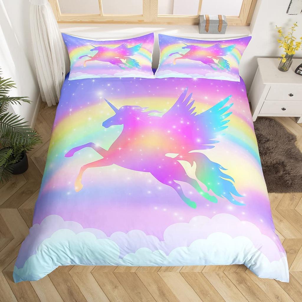 Unicorn Duvet Cover Set Cartoon Animal Galaxy Star Floral Bedding Set For Kids Girls Polyester Romantic Theme Comforter Cover